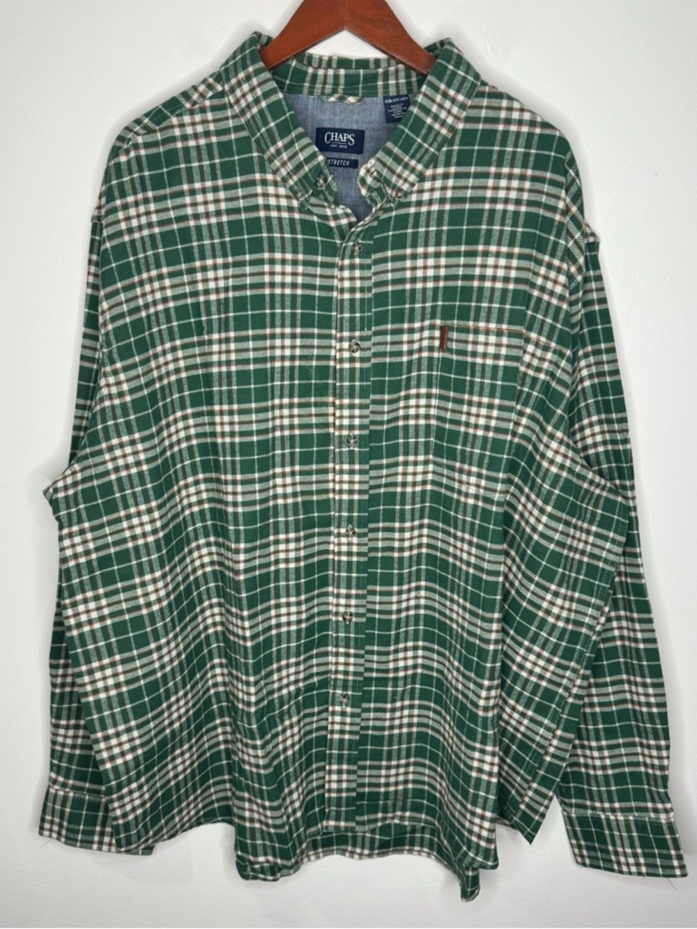 Chaps Stretch Green Plaid Button-Down Shirt 4XB Big & Tall Cotton Blend